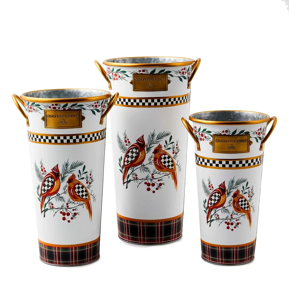 NEW Mackenzie Childs Holiday Cardinal Metal Flower Buckets, Set of 3